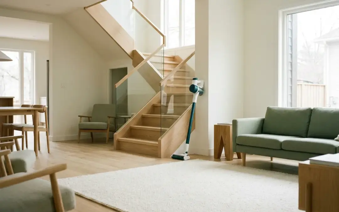 Aspirateur balai sans fil dans une grande maison avec escalier