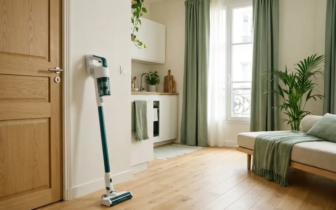 Aspirateur balai sans fil rangé dans un petit appartement