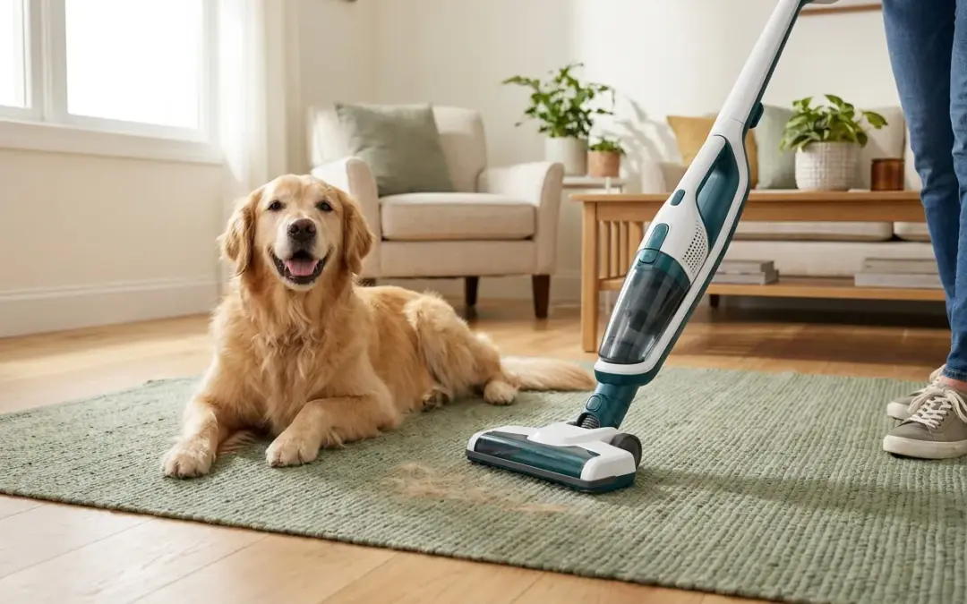 Aspirateur balai qui aspire les poils de chien sur un tapis