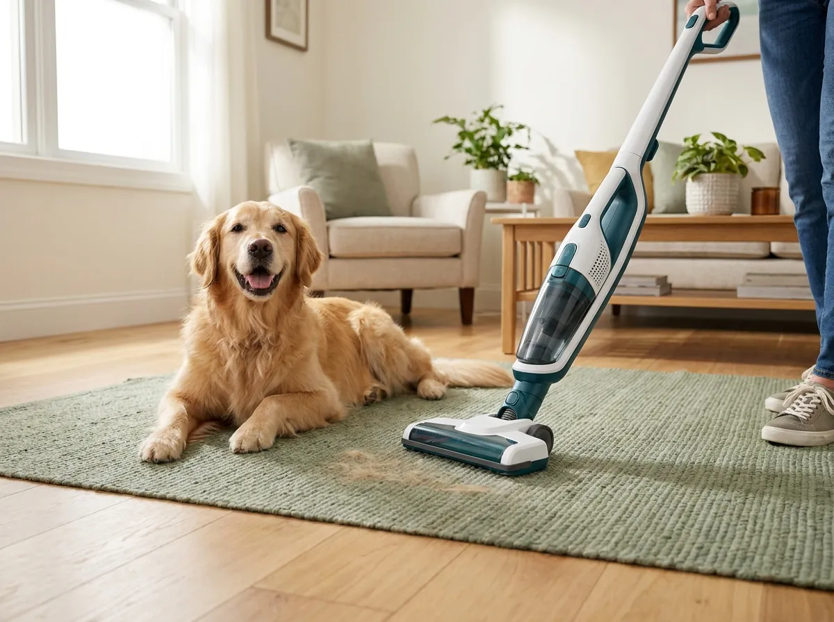 Aspirateur balai et chien sur un tapis