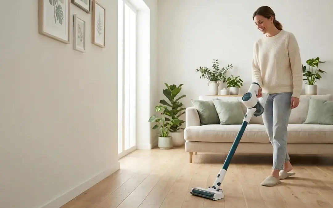 Aspirateur balai sans fil utilisé dans un salon lumineux
