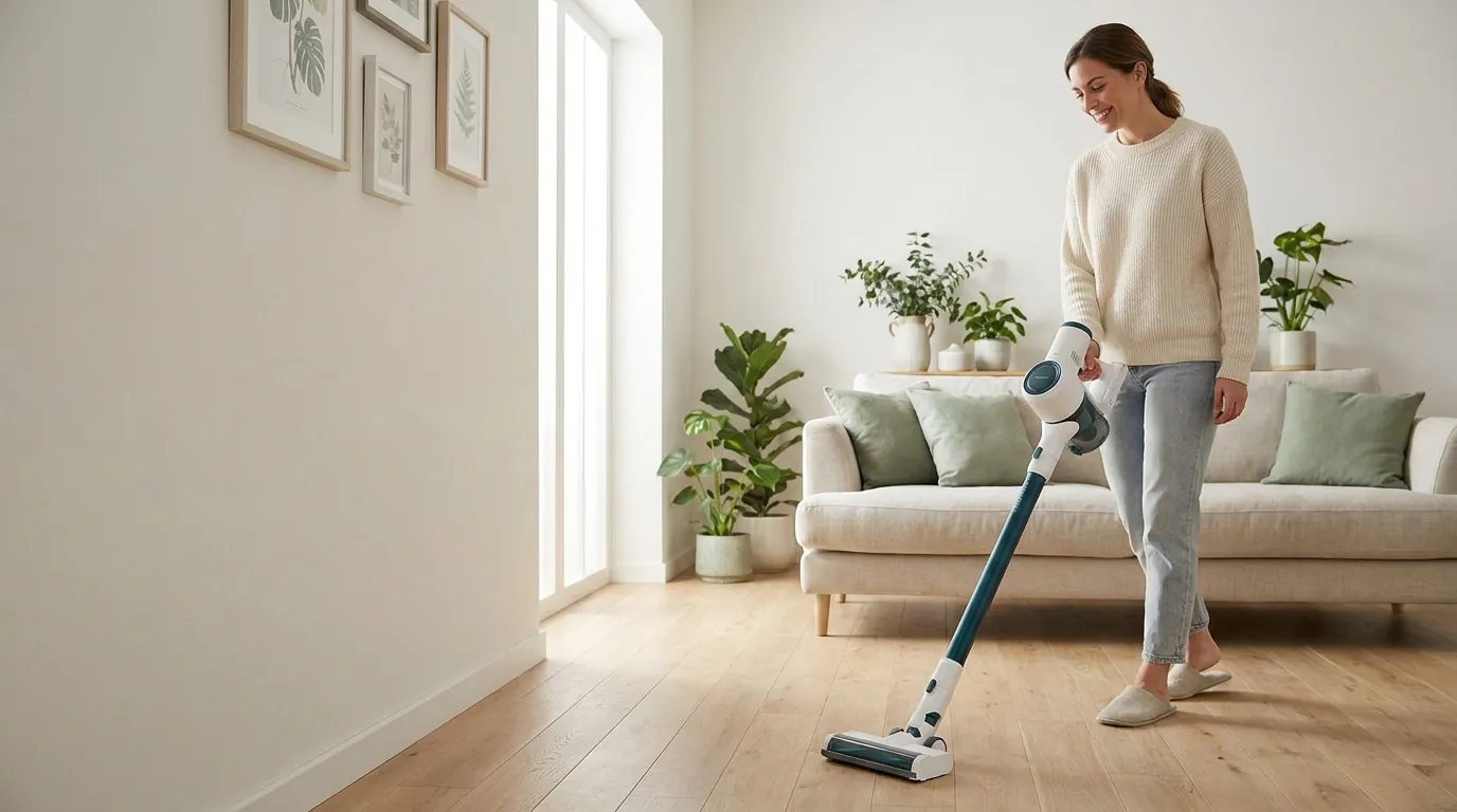 Femme qui passe un aspirateur balai sans fil dans un salon lumineux