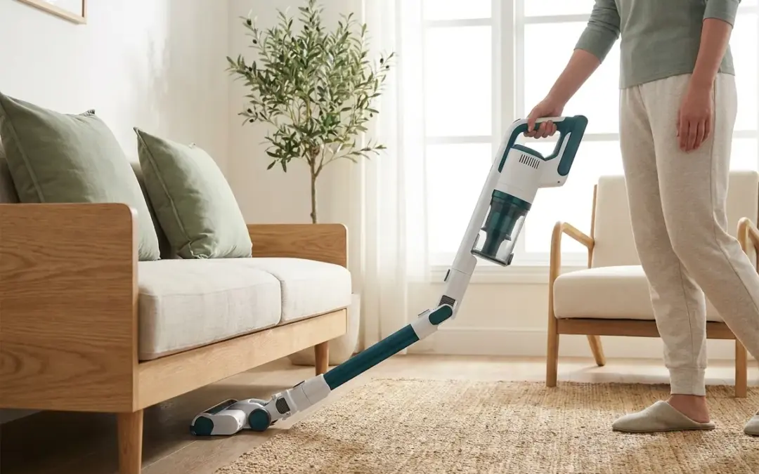 Aspirateur balai à tube flexible sous un canapé