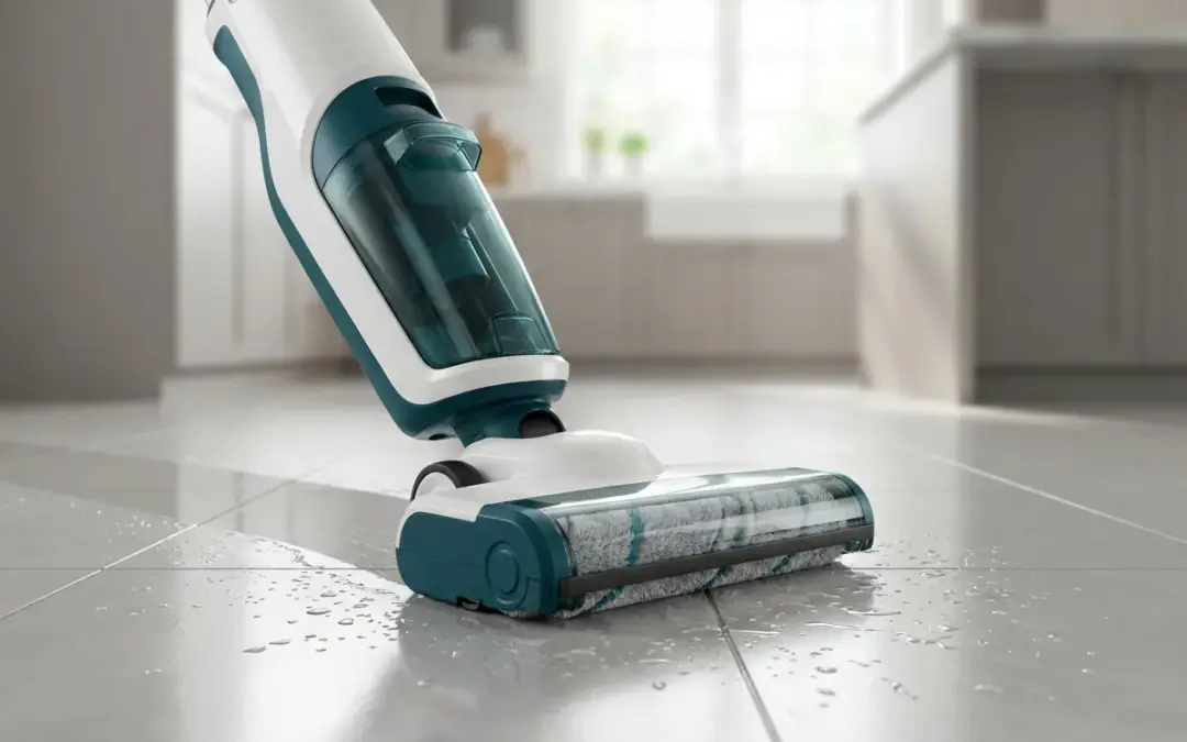 Aspirateur laveur sans fil sur du carrelage
