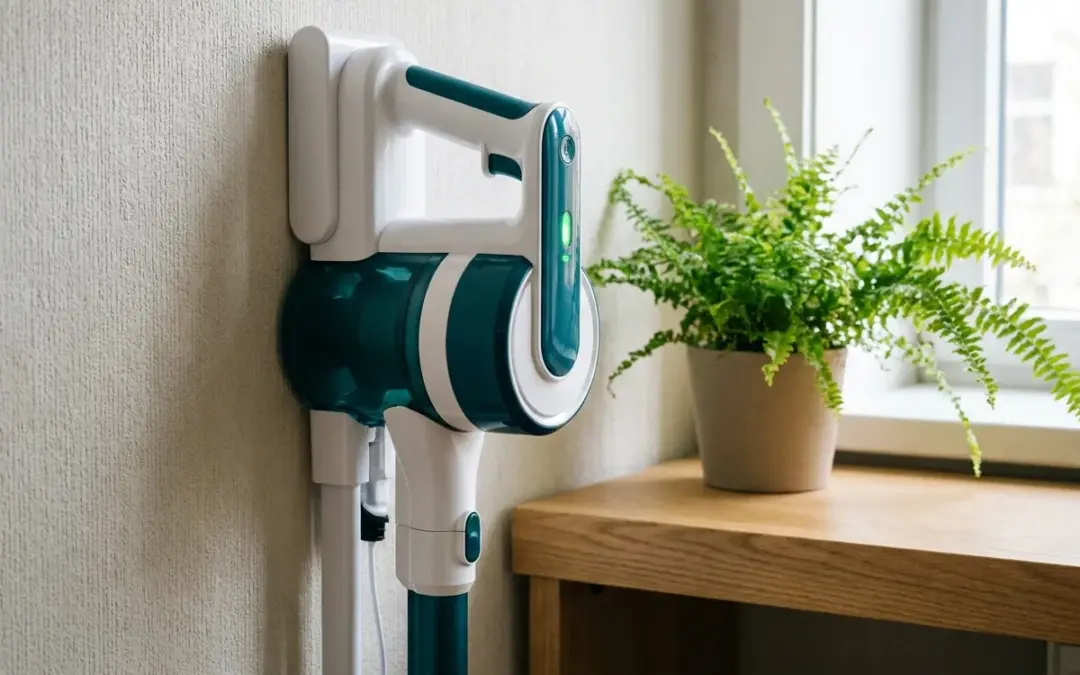 Aspirateur balai sur sa station de charge murale