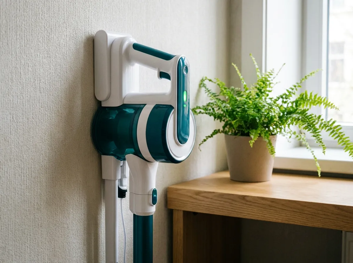 Aspirateur balai sans fil sur sa station de charge